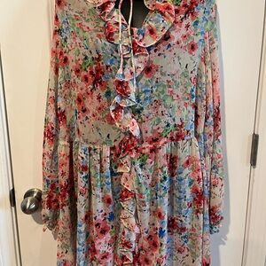 H&M Pink and Blue Floral Ruffle Dress